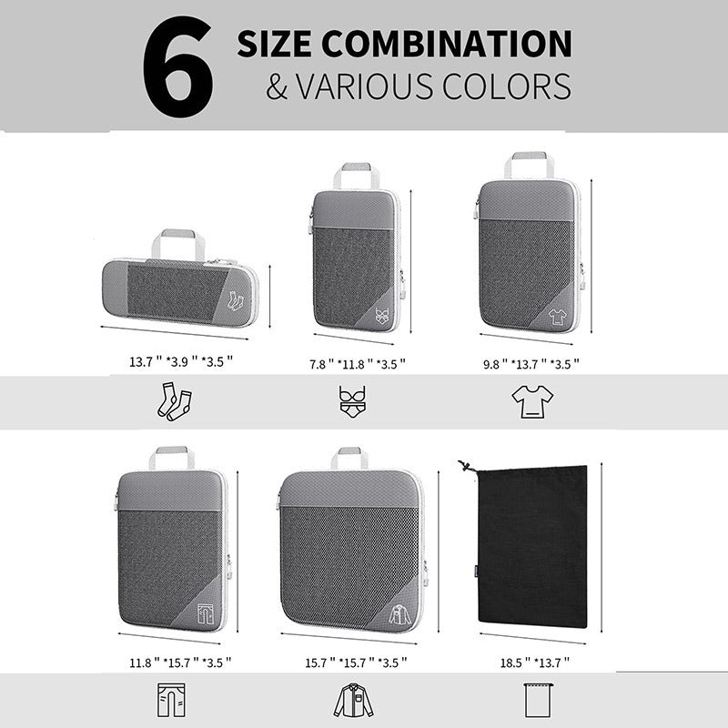 Travel compressible storage bag set in six size combinations and various colors for organized luggage storage.