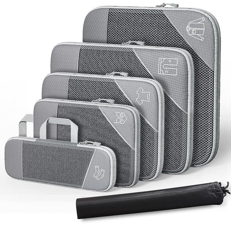 Travel compressible storage bag set with mesh design, includes shoe bag, for organizing luggage and essentials.