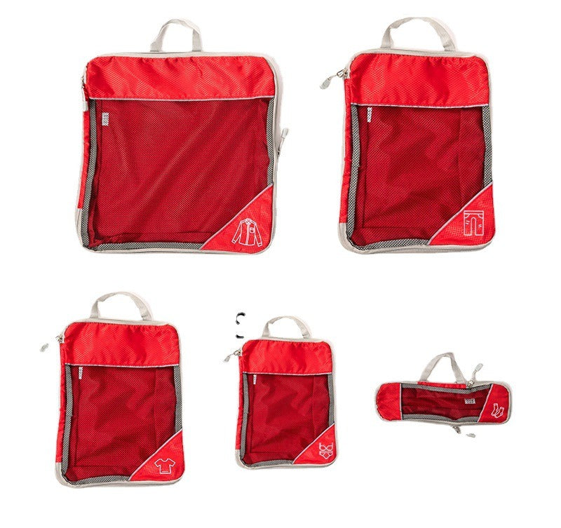 Travel compressible storage bag set in red, featuring mesh panels for visual organizing, ideal for luggage and home storage.