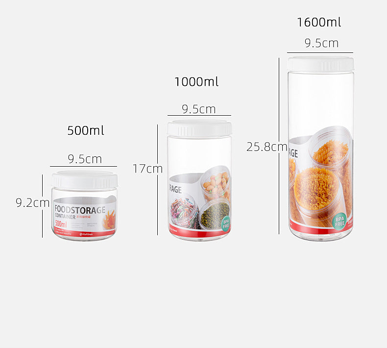 Set of three round food storage containers in varying sizes: 500ml, 1000ml, and 1600ml, showcasing modern design and functionality.