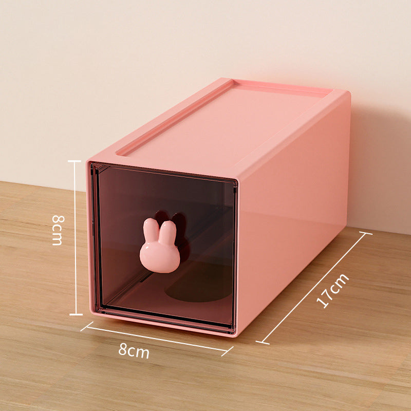 Large capacity pink plastic desktop storage box with bunny-shaped handle, dimensions 8cm x 8cm x 17cm.