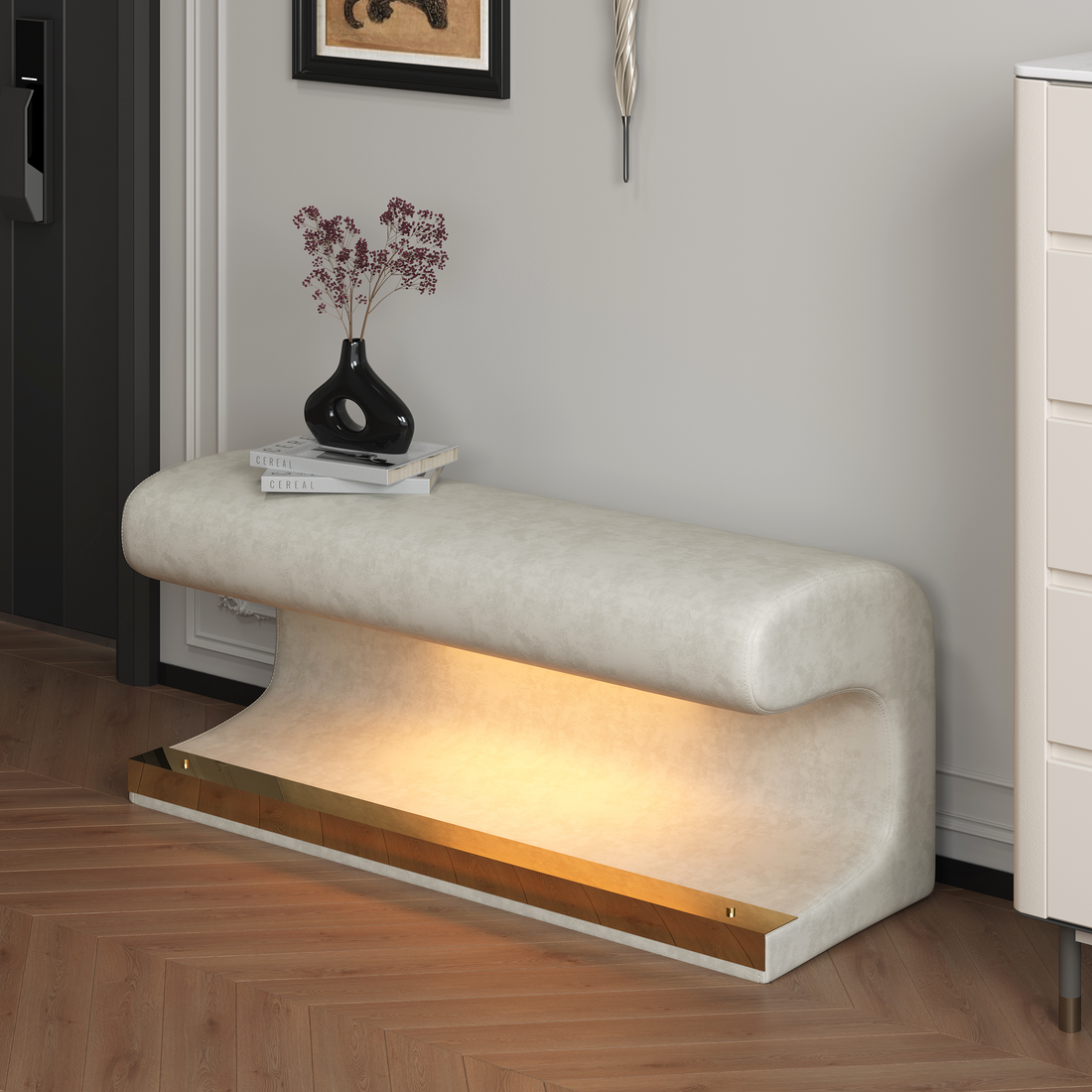 Entryway Bench Leather Upholstered Ottoman with LED sensor light for living room ,bedroom,end of bed ,Beige