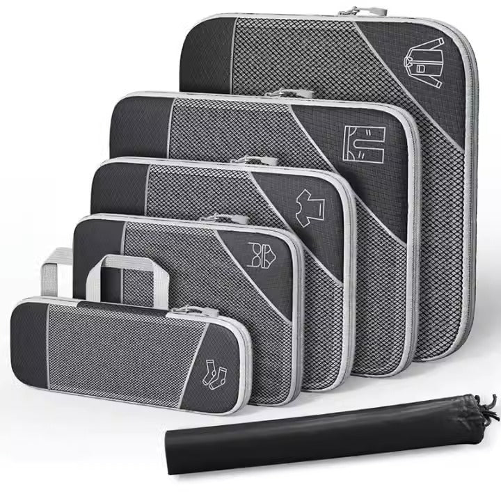 Travel compressible storage bag set with shoe bag, featuring multiple sizes for organizing luggage and home storage.