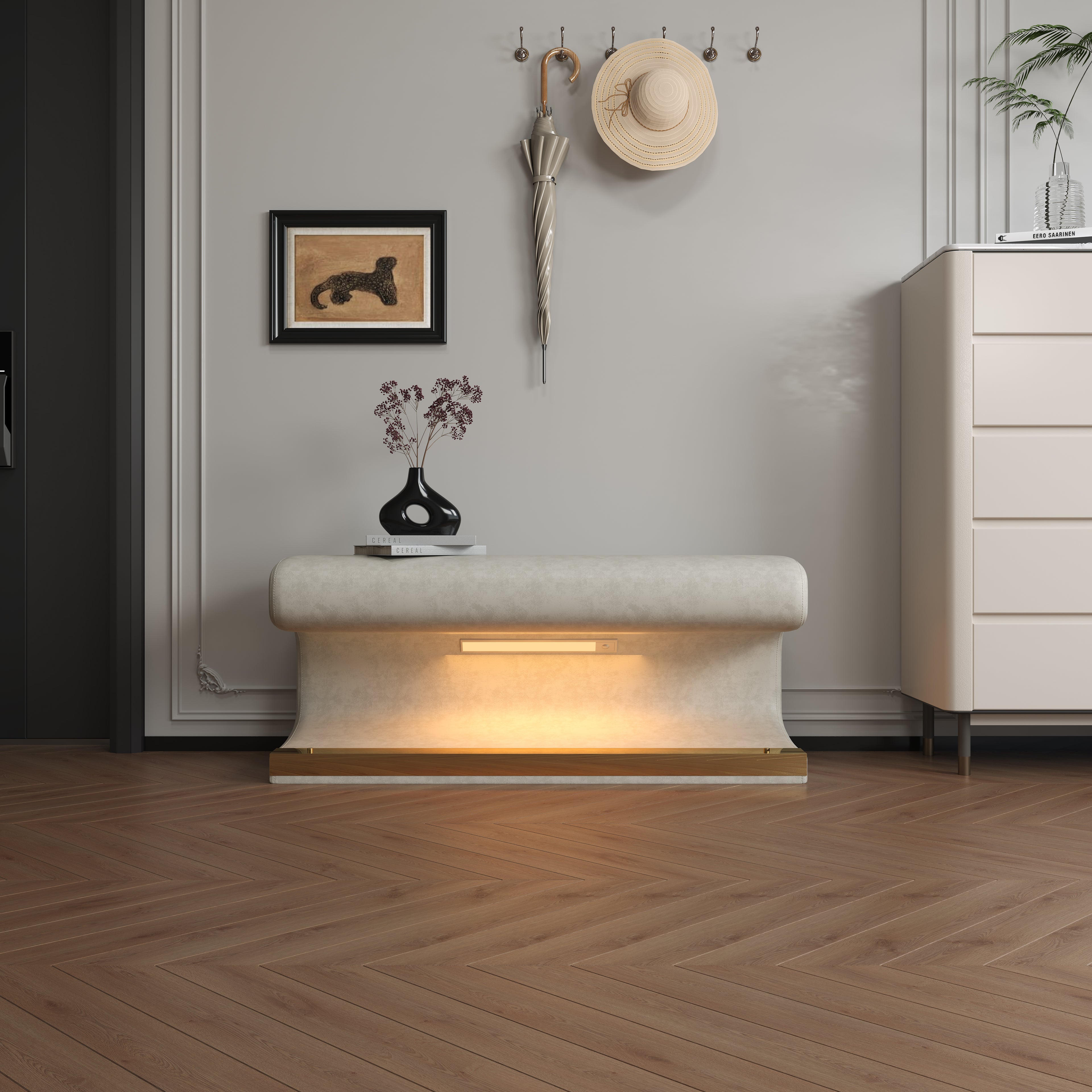 Entryway Bench Leather Upholstered Ottoman with LED sensor light for living room ,bedroom,end of bed ,Beige