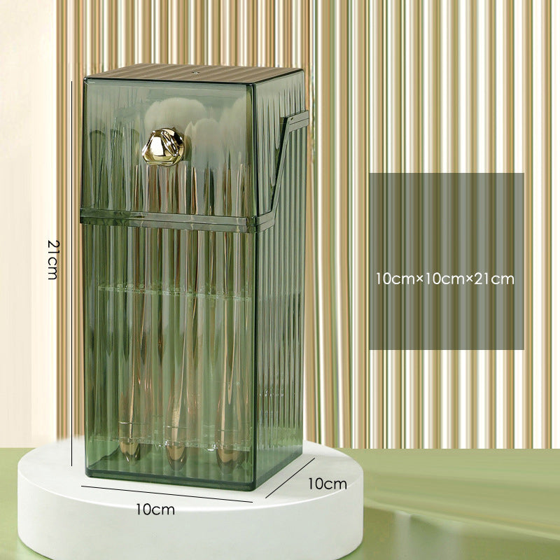 Stylish green vanity brush storage bucket with dimensions 21x10x10cm, featuring a 9-grid design for organized cosmetics.