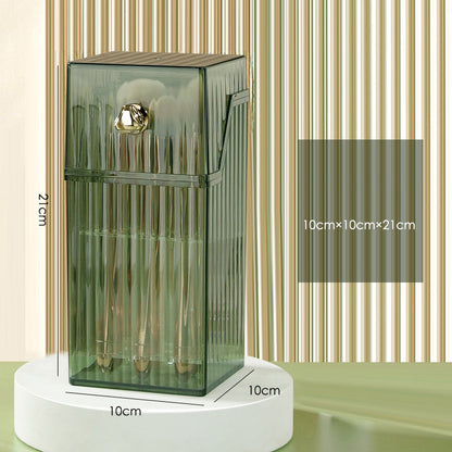 Stylish green vanity brush storage bucket with dimensions 21x10x10cm, featuring a 9-grid design for organized cosmetics.
