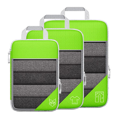 Set of three green and gray travel compressible storage bags with mesh panels for organized luggage storage.