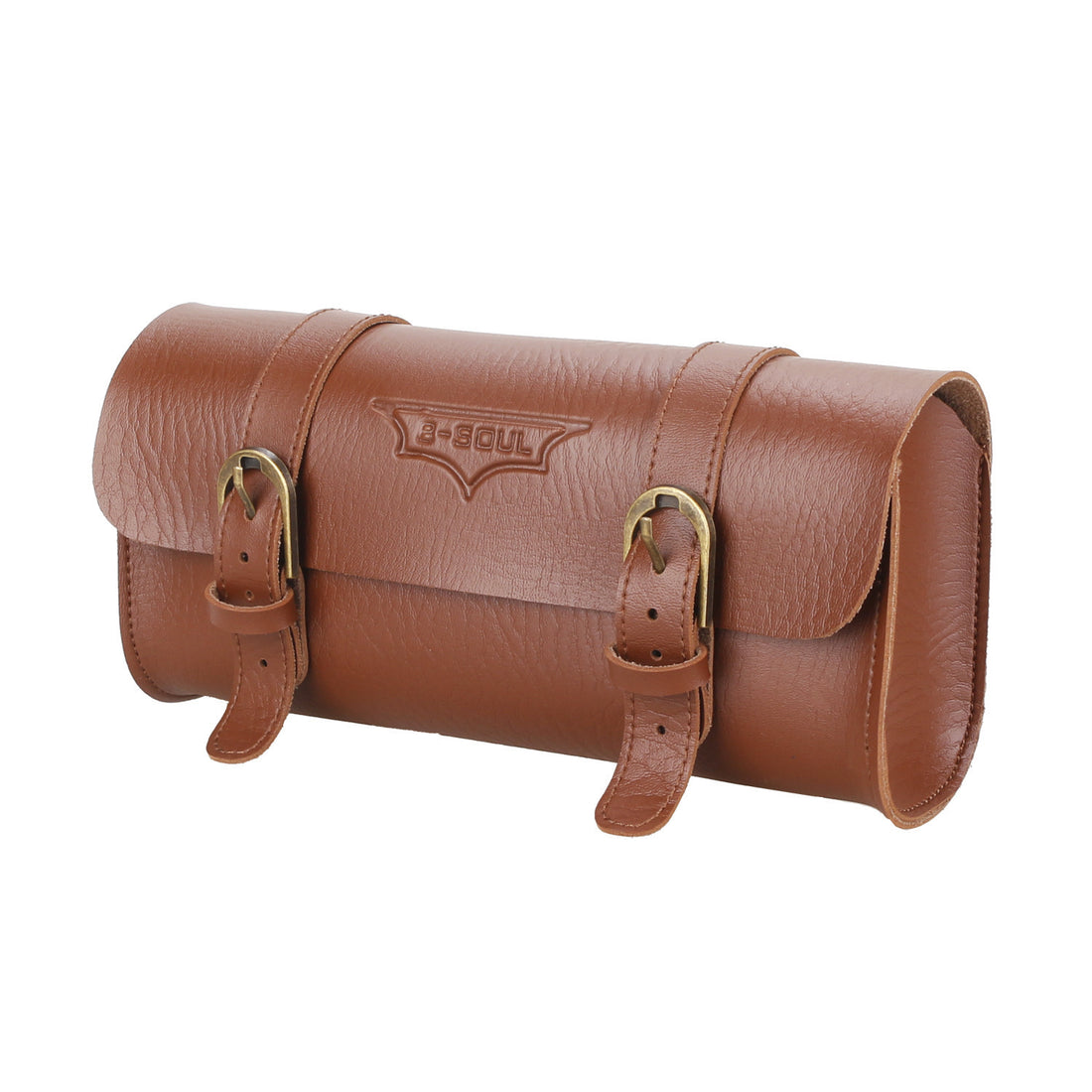 Retro brown PU leather waterproof hanging tail cushion bag for bicycles, featuring stylish buckles and durable design.