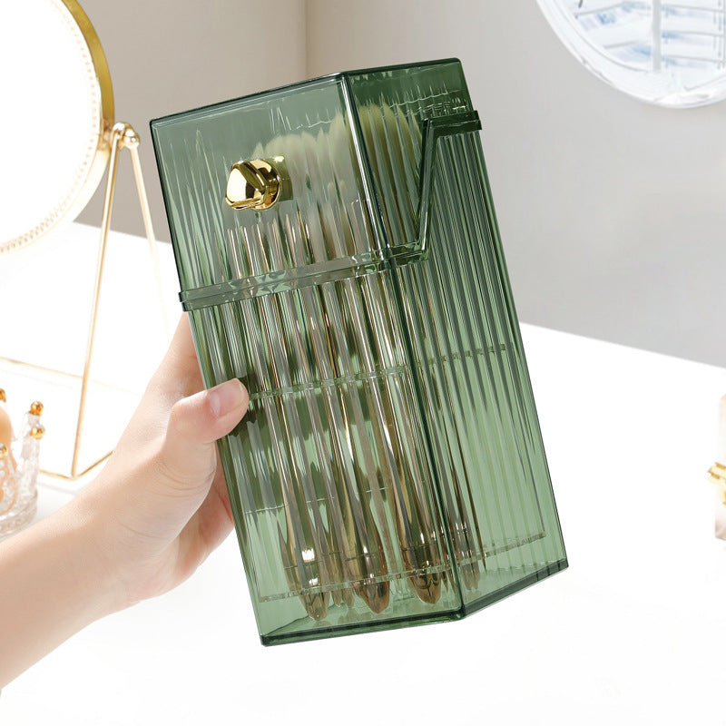 Stylish green vanity brush storage bucket with built-in 9-grid holes, perfect for desktop organization.