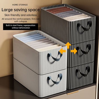 Striped Oxford cloth storage boxes with reinforced handles, showcasing stackable design for efficient home organization.