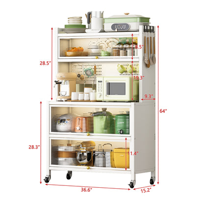 White metal storage shelves with dimensions 36.6" x 15.2" x 64", featuring double open cabinet doors and versatile storage.