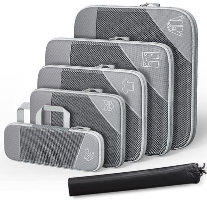 Travel compressible storage bag set with mesh design, includes shoe bag, for organizing luggage and essentials.
