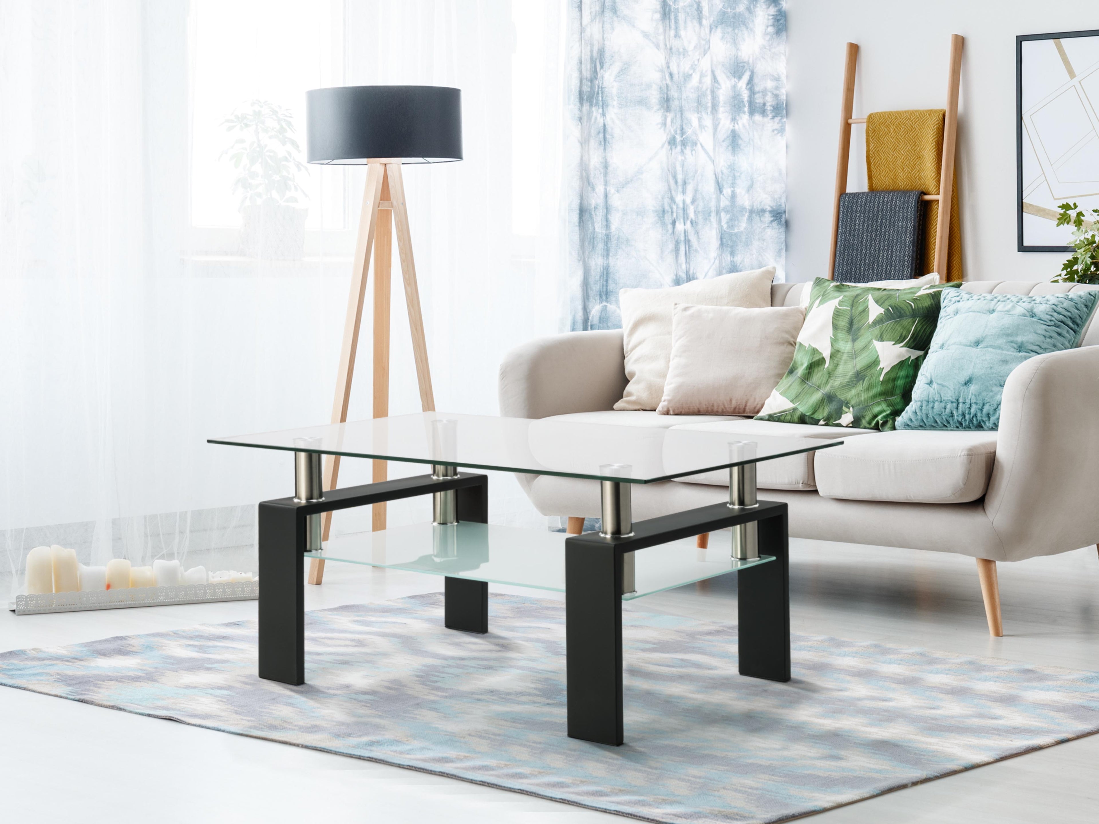 Rectangle Black Glass Coffee Table Clear Coffee Table Modern Side Center Tables for Living Room Living Room Furniture