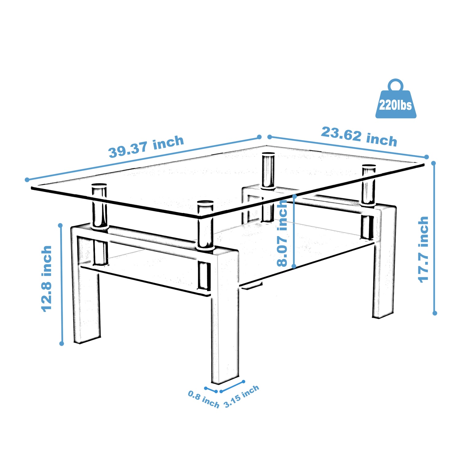 Rectangle Black Glass Coffee Table Clear Coffee Table Modern Side Center Tables for Living Room Living Room Furniture