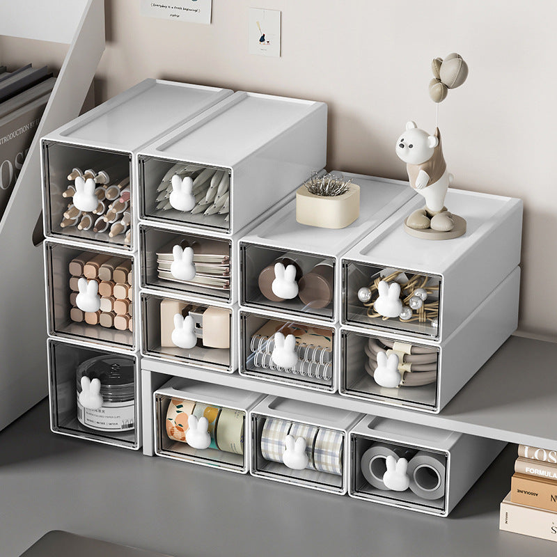 Large capacity plastic desktop storage box with multiple drawers for organization and easy access to office supplies.