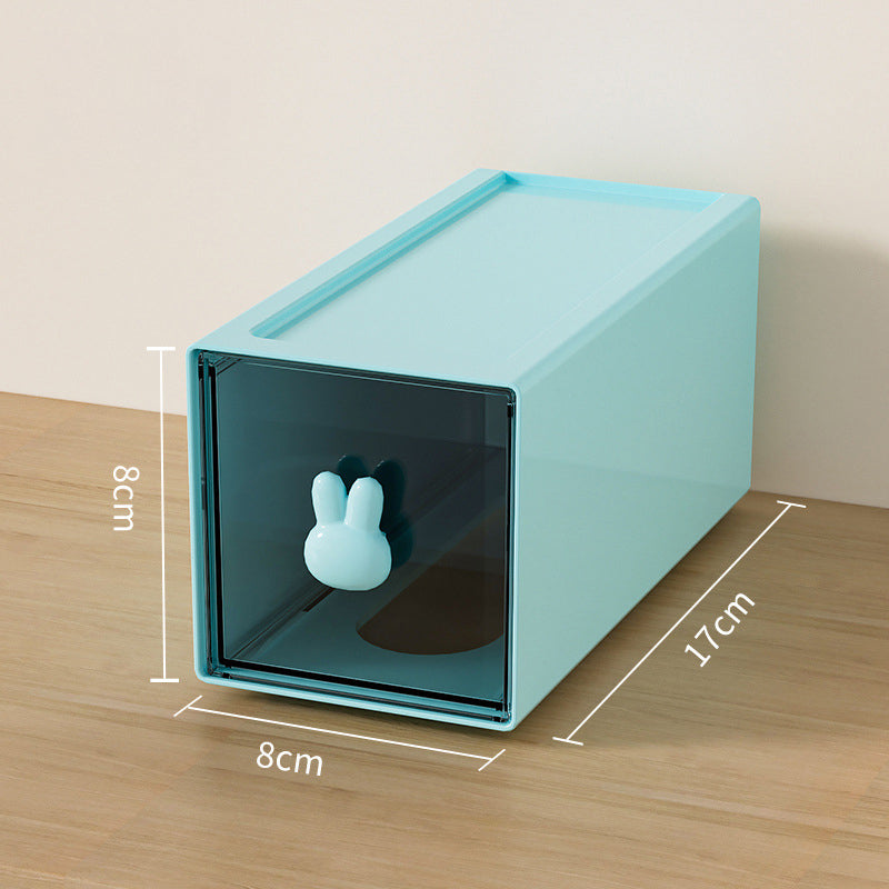 Large capacity blue plastic storage box with bunny handle, 8cm x 8cm x 17cm design for desktop organization.