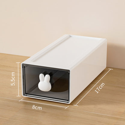 Large capacity plastic desktop storage box with rabbit-shaped handle, measuring 17cm x 8cm x 5.5cm, ideal for organizing.