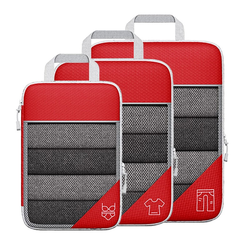 Travel compressible storage bag set in red and gray for organized packing, including three cube-shaped bags for clothes and shoes.