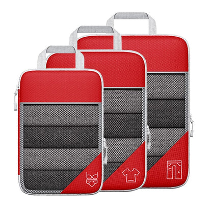 Travel compressible storage bag set in red and gray for organized packing, including three cube-shaped bags for clothes and shoes.