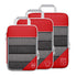 Travel compressible storage bag set in red and gray for organized packing, including three cube-shaped bags for clothes and shoes.