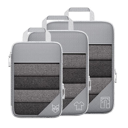 Travel compressible storage bag set in gray with mesh design, ideal for organizing clothes and accessories during travel.