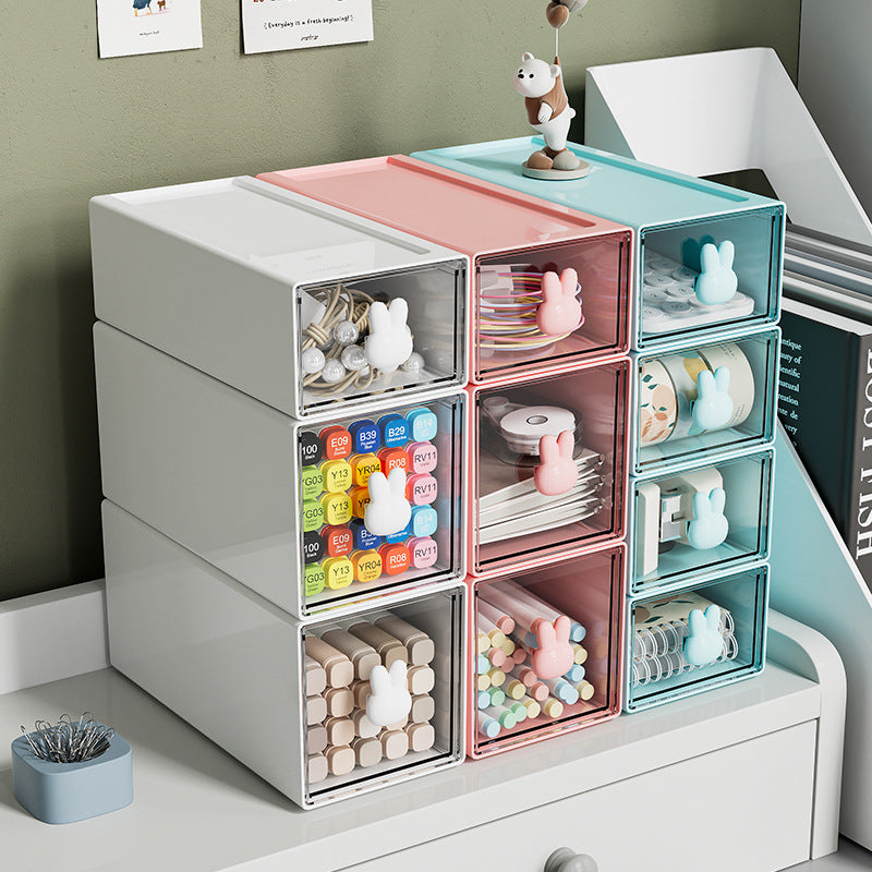 Large capacity plastic desktop storage box with colorful drawers for organizing office supplies and accessories.