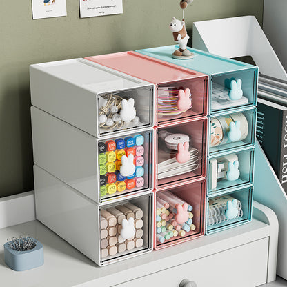 Large capacity plastic desktop storage box with colorful drawers for organizing office supplies and accessories.