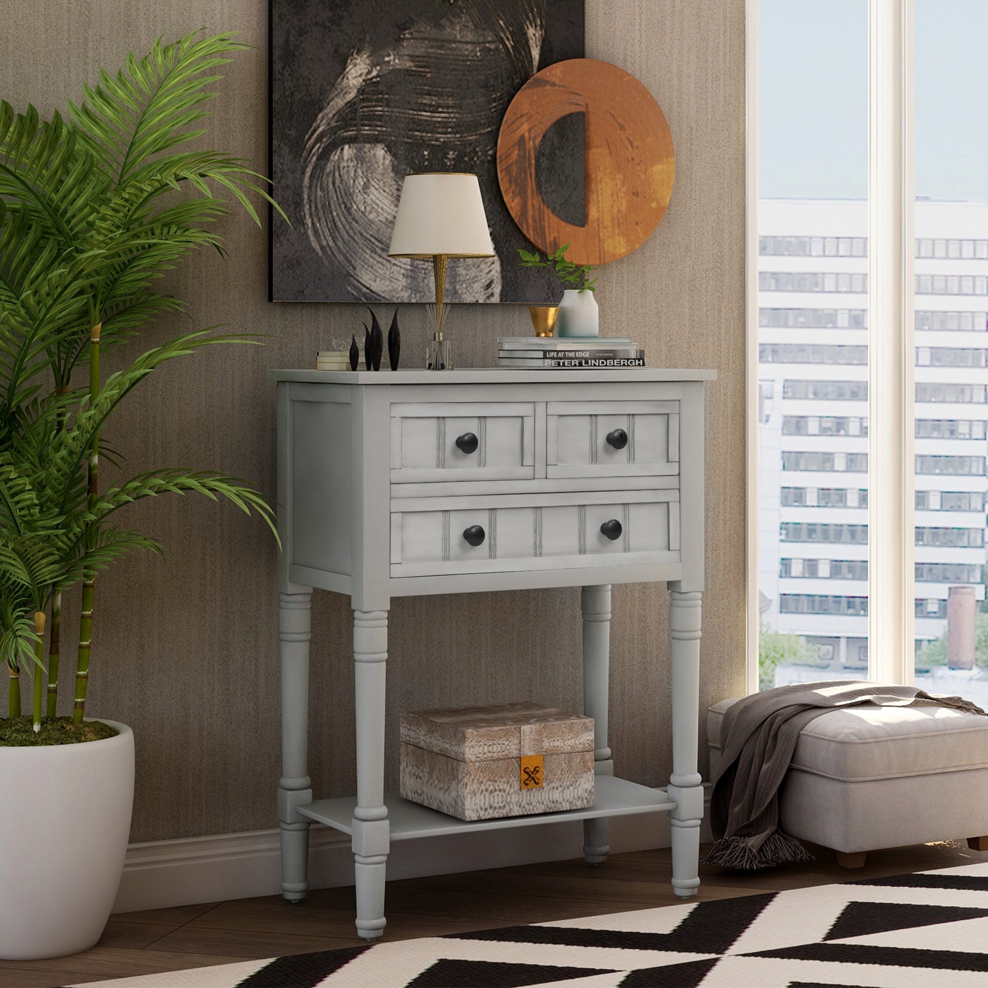 TREXM Narrow Console Desk, Thin Sofa Table with Three Storage Drawers and Living Room Bottom Shelves (Grey Washed)