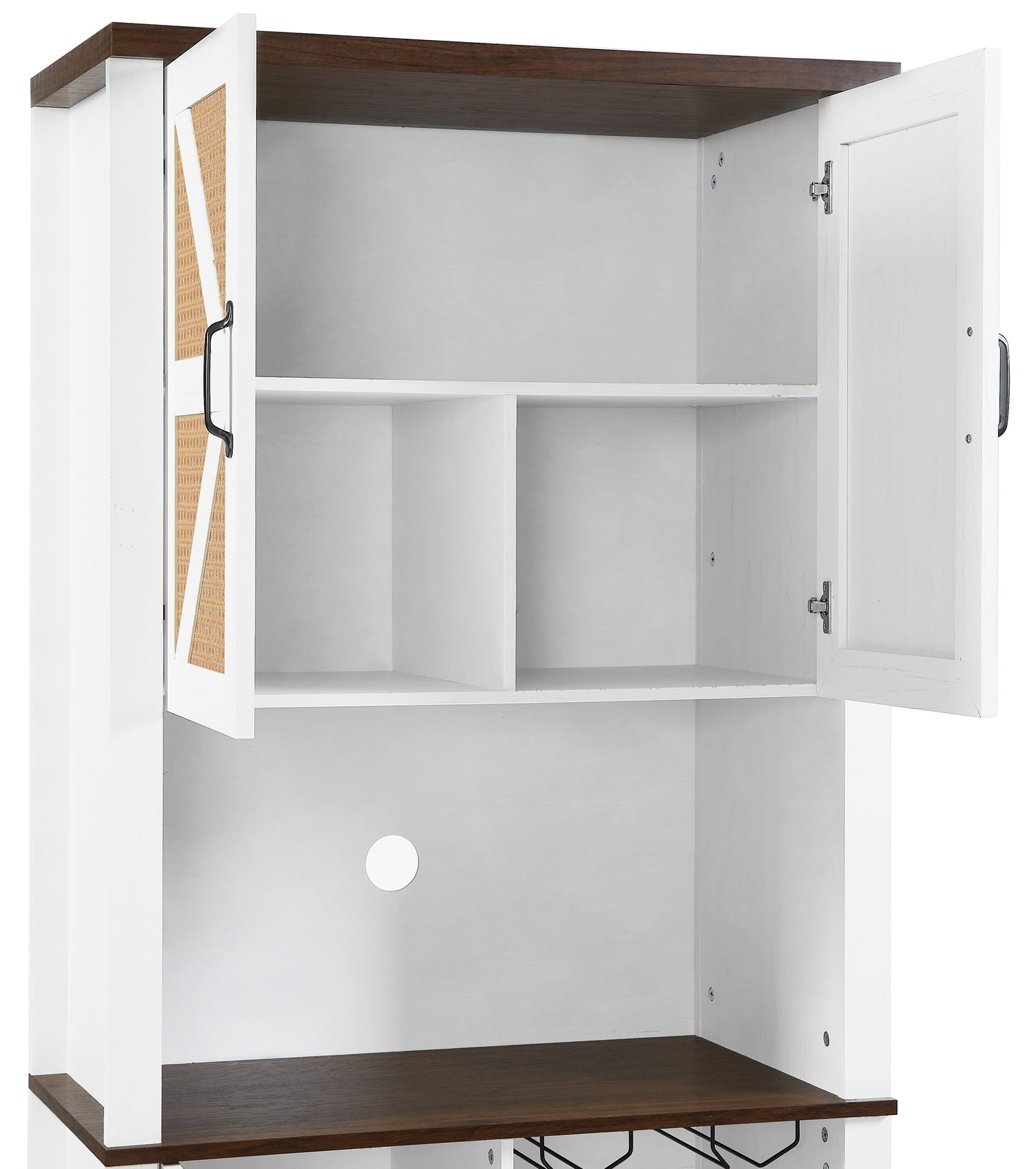 76 Inch Tall Farmhouse Kitchen Faux Rattan Wine Cabinet, Kitchen Bar Cabinet with Square Compartments and Shelves
