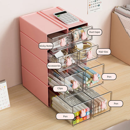 Large capacity pink plastic desktop storage box with clear drawers for organizing pens, accessories, and sticky notes.