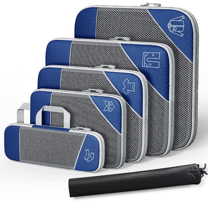 Travel compressible storage bag set in blue and gray, featuring multiple sizes for organizing clothing and accessories.
