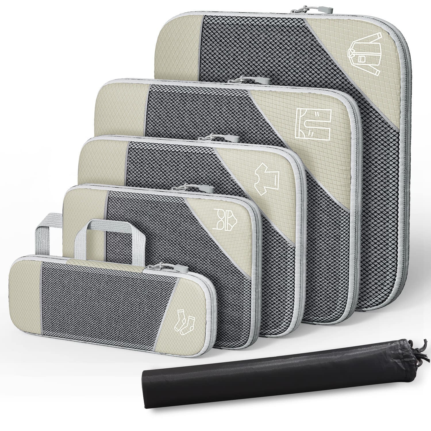 Set of compressible travel storage bags in black and beige, perfect for organizing clothes, shoes, and travel essentials.