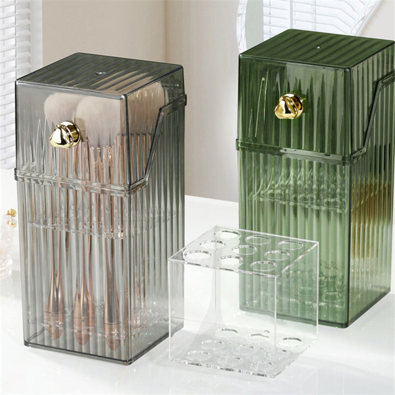 Vanity brush storage box set featuring transparent and green design, perfect for organizing cosmetic brushes on desktop.