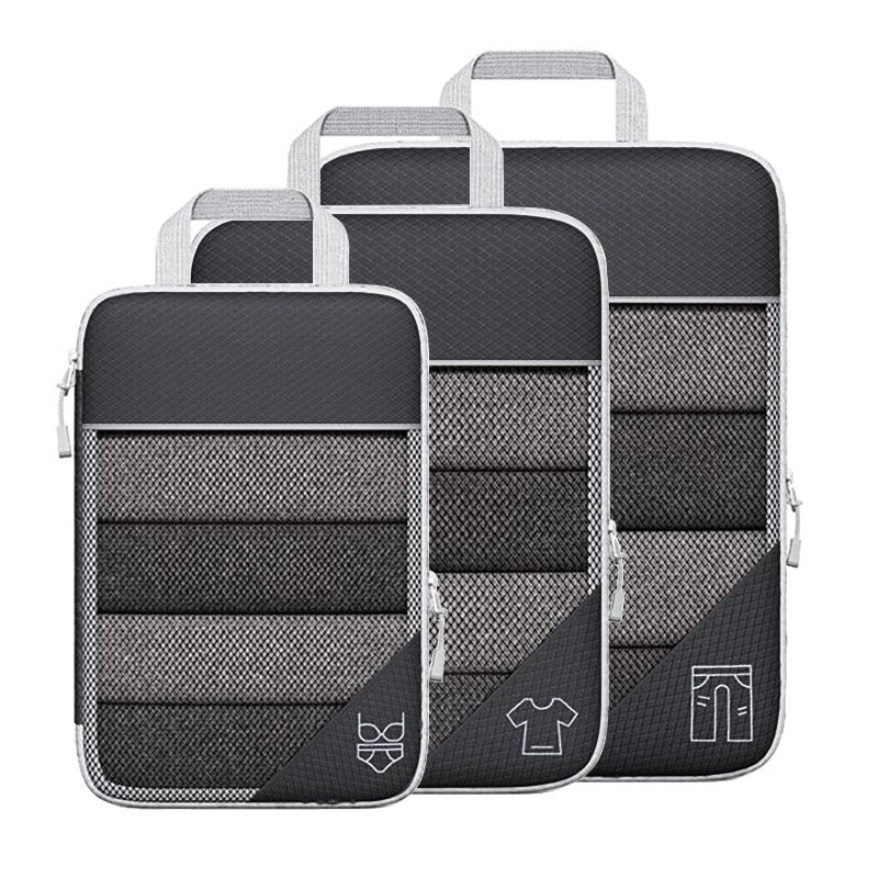 Travel compressible storage bag set with mesh design for organizing clothing and accessories, ideal for home and travel use.