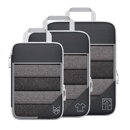 Travel compressible storage bag set with mesh design for organizing clothing and accessories, ideal for home and travel use.