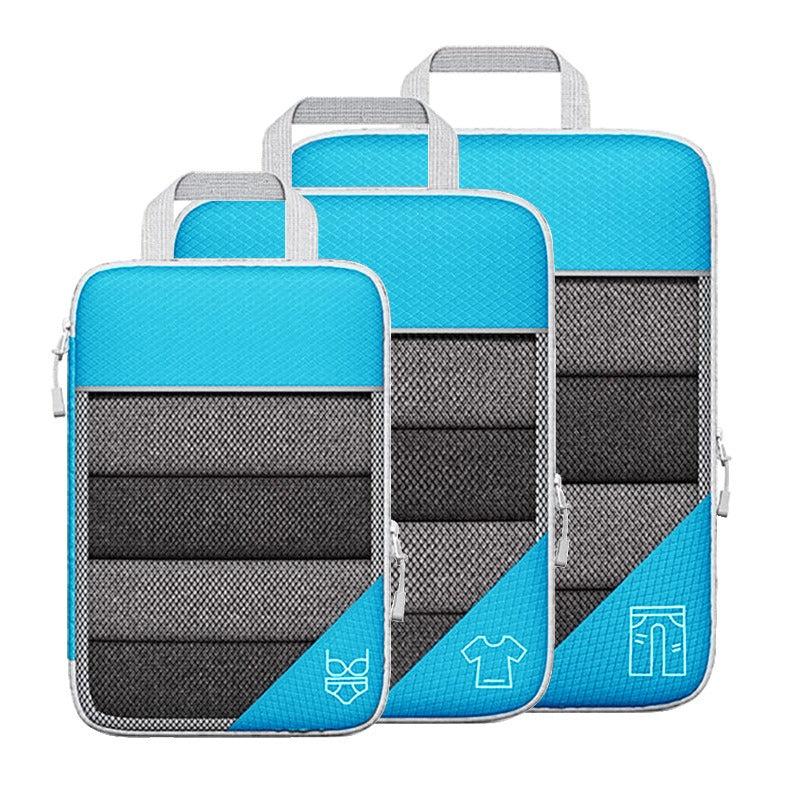 Travel compressible storage bag set in blue and gray, ideal for organizing clothes, shoes, and travel essentials.