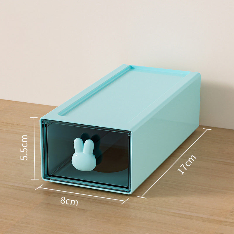 Large capacity plastic desktop storage box with bunny handle, measuring 17cm x 8cm x 5.5cm, ideal for organization.