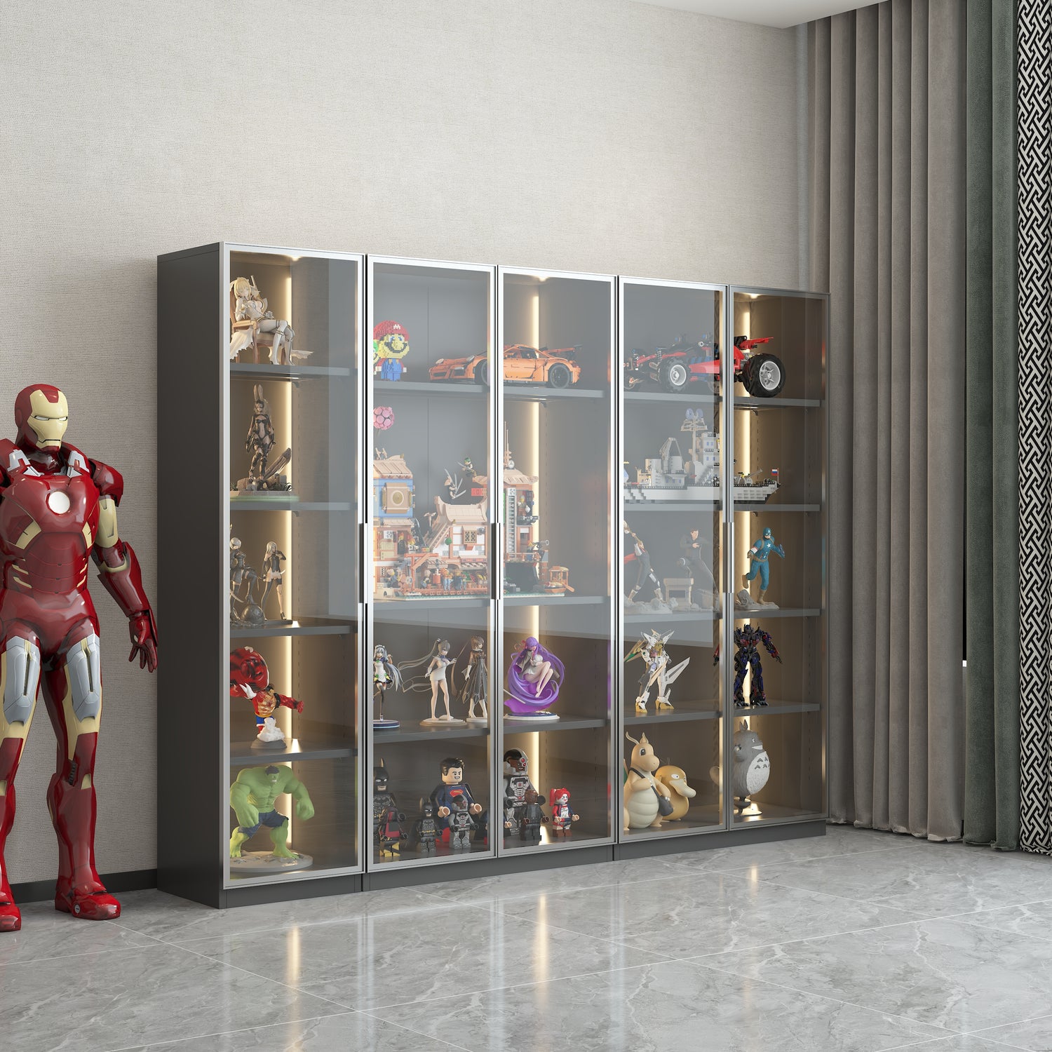 Modern grey display storage cabinet showcasing various collectibles with adjustable shelves and stylish lighting.