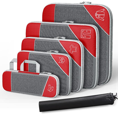 Travel compressible storage bag set in red and gray, featuring multiple compartments for organizing clothing and accessories.
