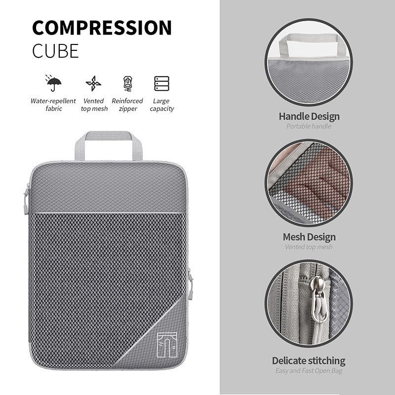 Travel compressible storage bag cube with water-repellent fabric, mesh design, and reinforced zipper for organized packing.