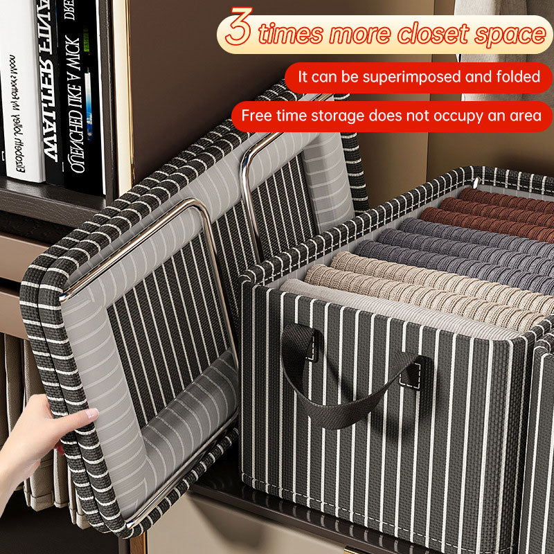 Striped Oxford cloth storage basket with reinforced handles, ideal for maximizing closet space and organizing clothing.