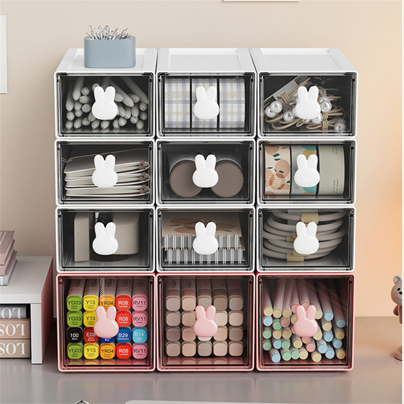 Large capacity plastic desktop storage box with bunny-shaped handles, organizing stationery and craft supplies.