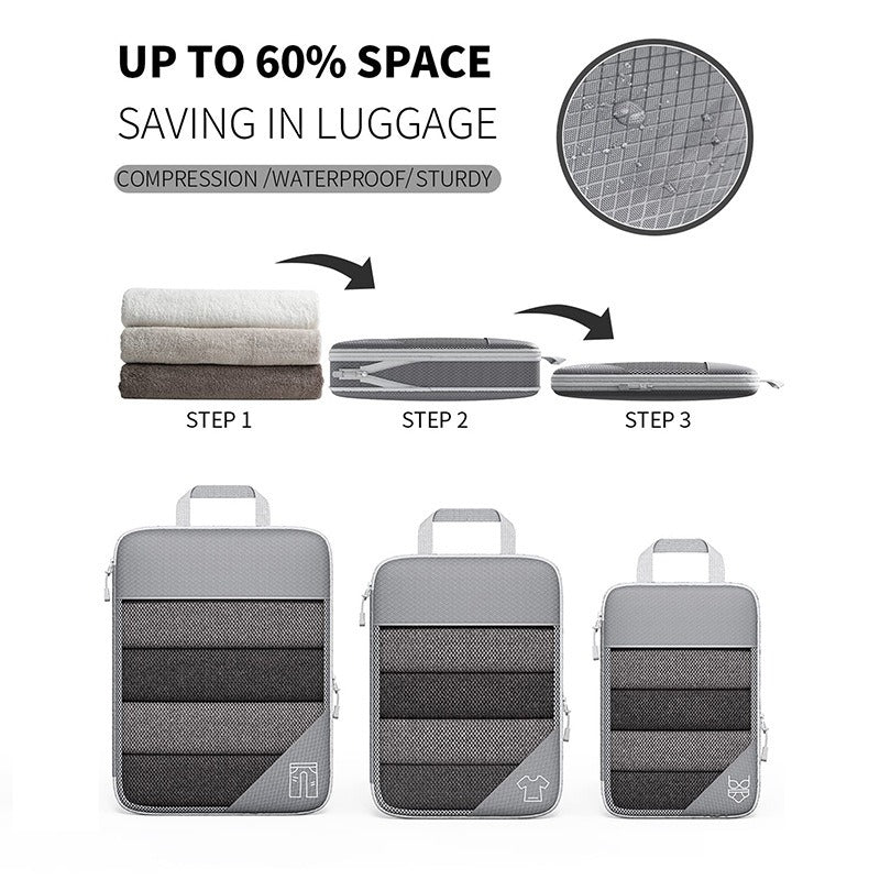 Travel compressible storage bag set demonstrating up to 60% space saving in luggage with waterproof and sturdy design steps.