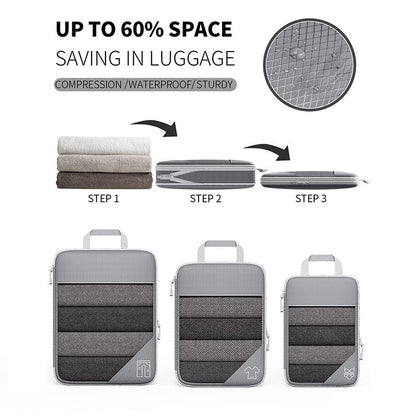 Travel compressible storage bag set demonstrating up to 60% space saving in luggage with waterproof and sturdy design steps.