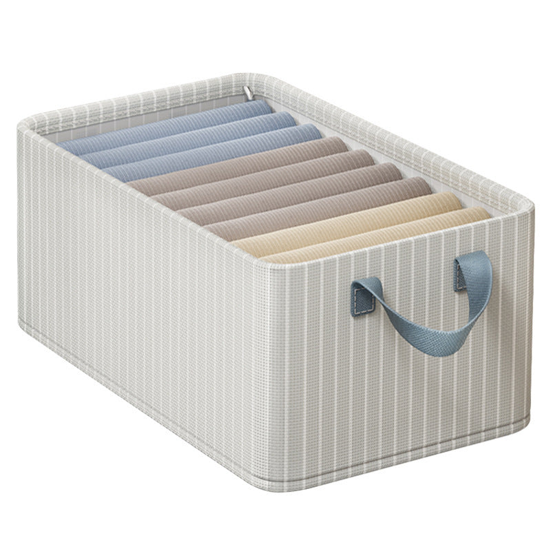 Striped Oxford fabric storage box with reinforced handles, perfect for organizing clothing and accessories in the home.