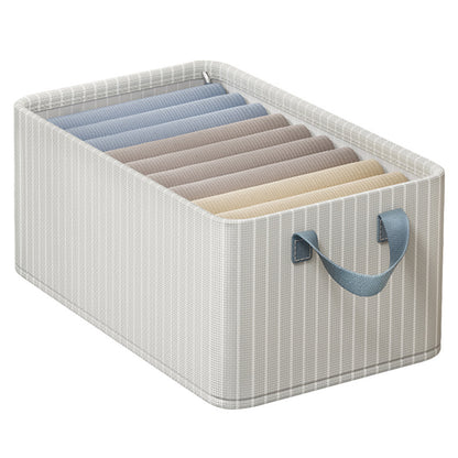 Striped Oxford fabric storage box with reinforced handles, perfect for organizing clothing and accessories in the home.