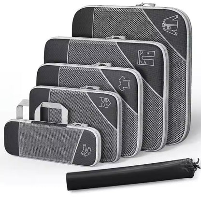Travel compressible storage bag set with shoe bag, featuring multiple sizes for organizing luggage and home storage.