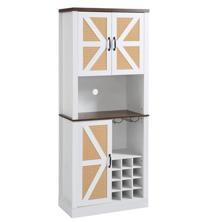 76 Inch Tall Farmhouse Kitchen Faux Rattan Wine Cabinet, Kitchen Bar Cabinet with Square Compartments and Shelves