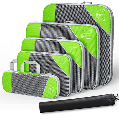 Travel compressible storage bag set in green and gray, perfect for organization of shoes, clothing, and toiletries.