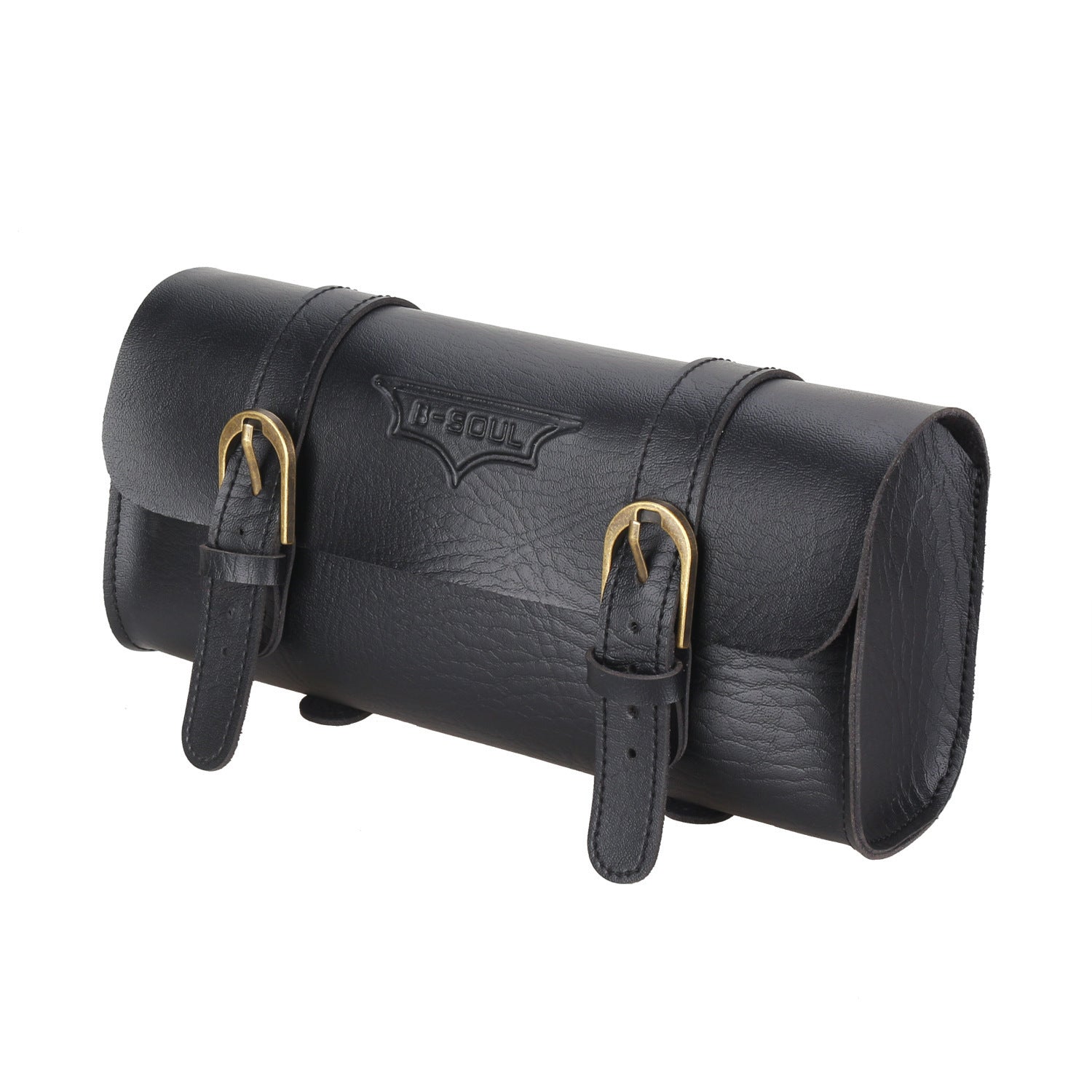 Retro black PU leather waterproof cycling handlebar bag with buckle straps and embossed logo. Ideal for bike rides and travel.